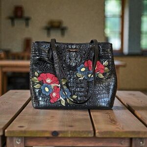 Brahmin Black Tote with Red Floral Design